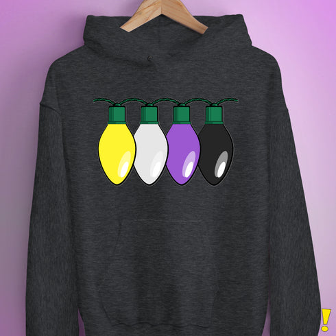 Nonbinary Pride Christmas Lights Hoodie - Dark Grey Heather
